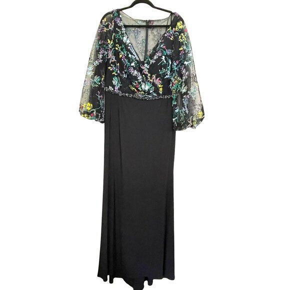 Mac Duggal $498 Embroidered Maxi Dress Puff Sleeve Gown Sz 14 NWT - Picture 5 of 9